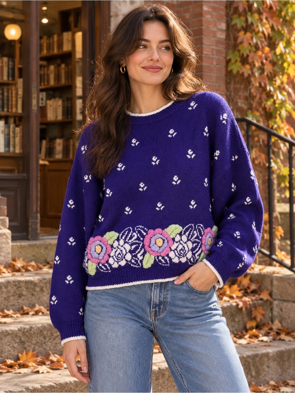 Vintage HandKnit Purple Floral Sweater 80s Cottagecore Grandmacore Granola Large
